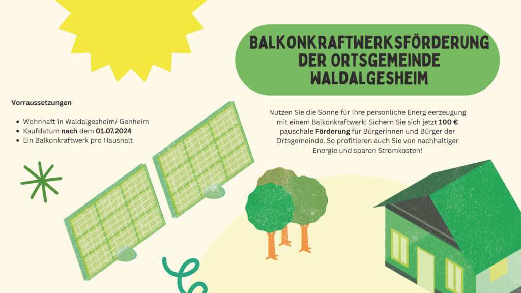 Infoplakat über Balkonkraftwerksförderung in der Ortsgemeinde Waldalgesheim